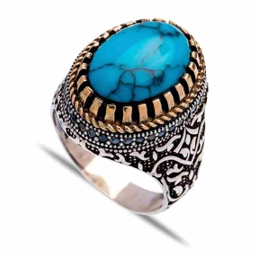 Authentic Turquoise Gemstone Oval Ring Ottoman Style Silver Men Ring Jewelry